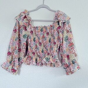 Floral smocked ruffled top, size Large